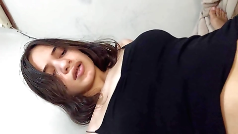 Amateur brunette in black dress fucked hard by a guy