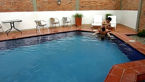 Indian teen swims with her stepbrother in the pool