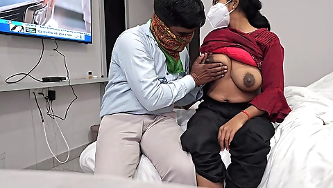 Big tit amateur brunette with a sexy body is giving him a blowjob