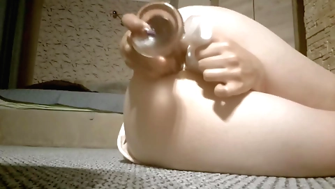 Big dildo is filling my tight ass and pussy in a solo porn video