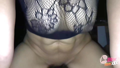 Hot brunette wife is on the table with her breasts