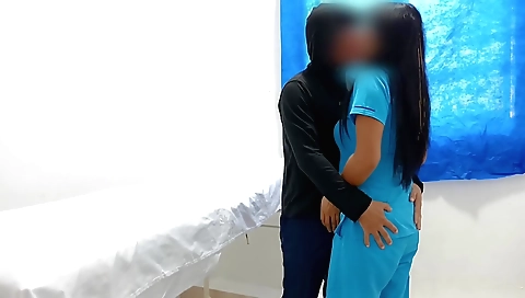 Bright brunette nurse seduces patient in the hospital