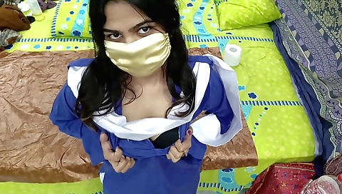 Big tits brunette girl in school uniform is having her first orgasm