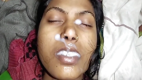 Beautiful brunette face sucking cum and getting a facial