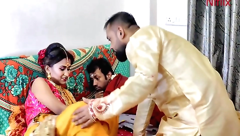 Horny indian brunette fucked by her husband and his stepbrother