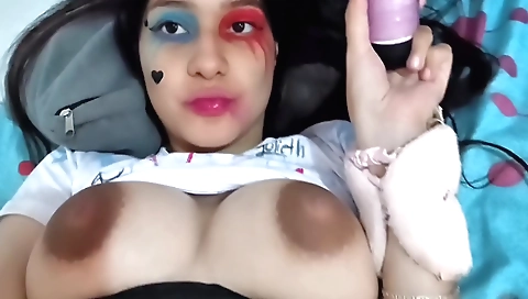 Busty indian chick has her pussy pounded with a huge dildo