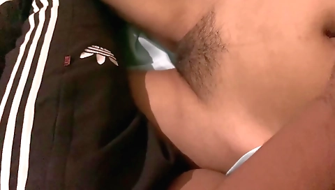 Indian babe sucks his dick and rubs it on her hairy pussy