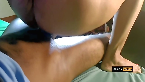 Indian brunette riding his huge big dick on camera